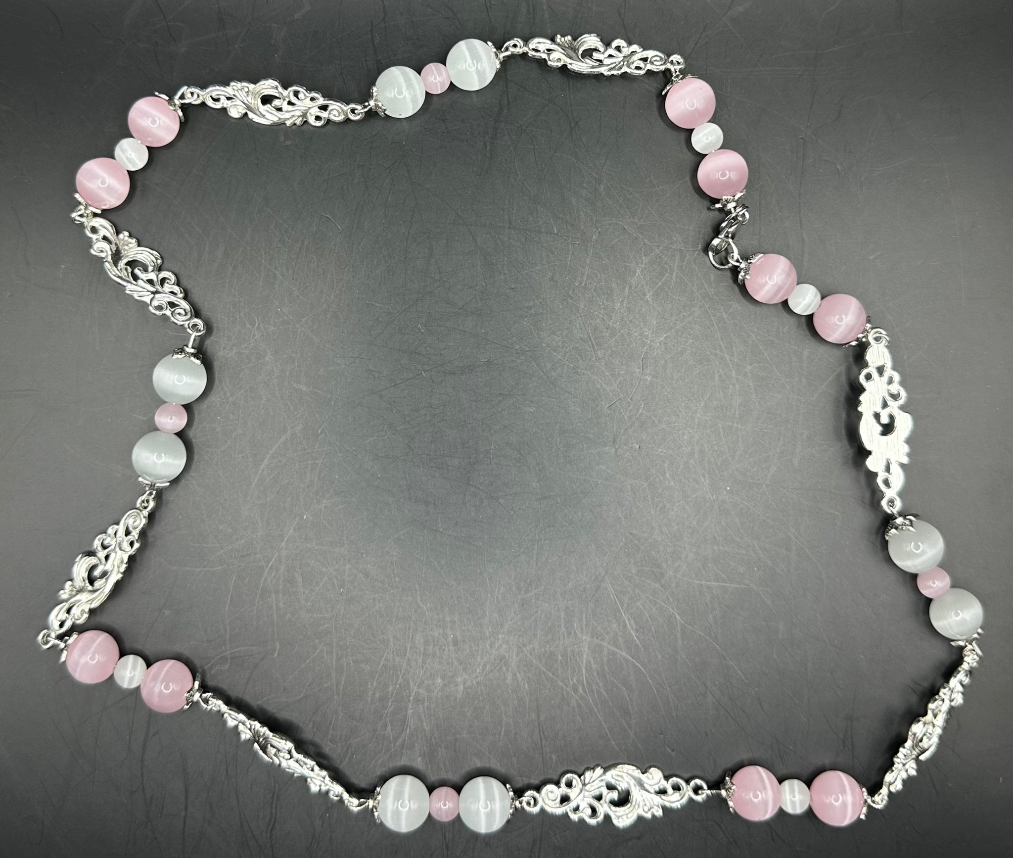 Pale Pink And White Cats Eye Necklace
